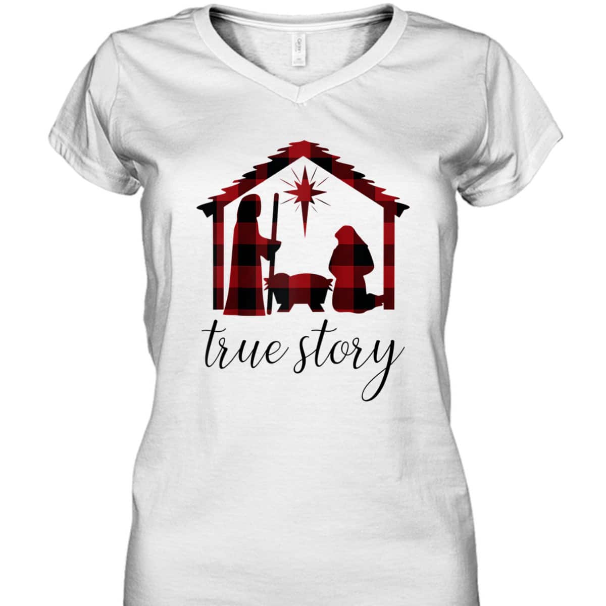 Nativity Scene Buffalo Plaid True Story Christian Christmas T-Shirt