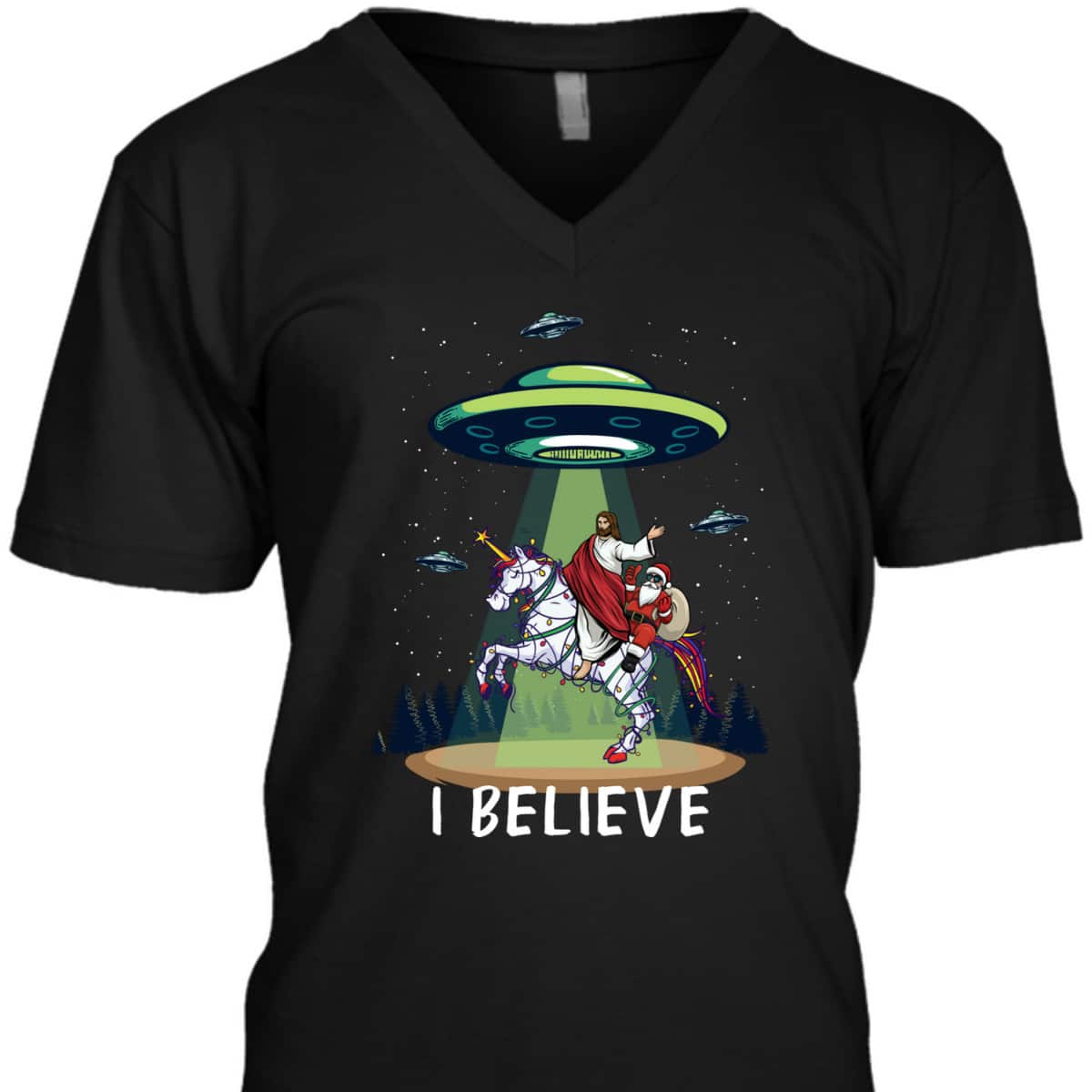 Funny Jesus And Santa Riding On Unicorn Christmas Alien UFO Believe T-Shirt