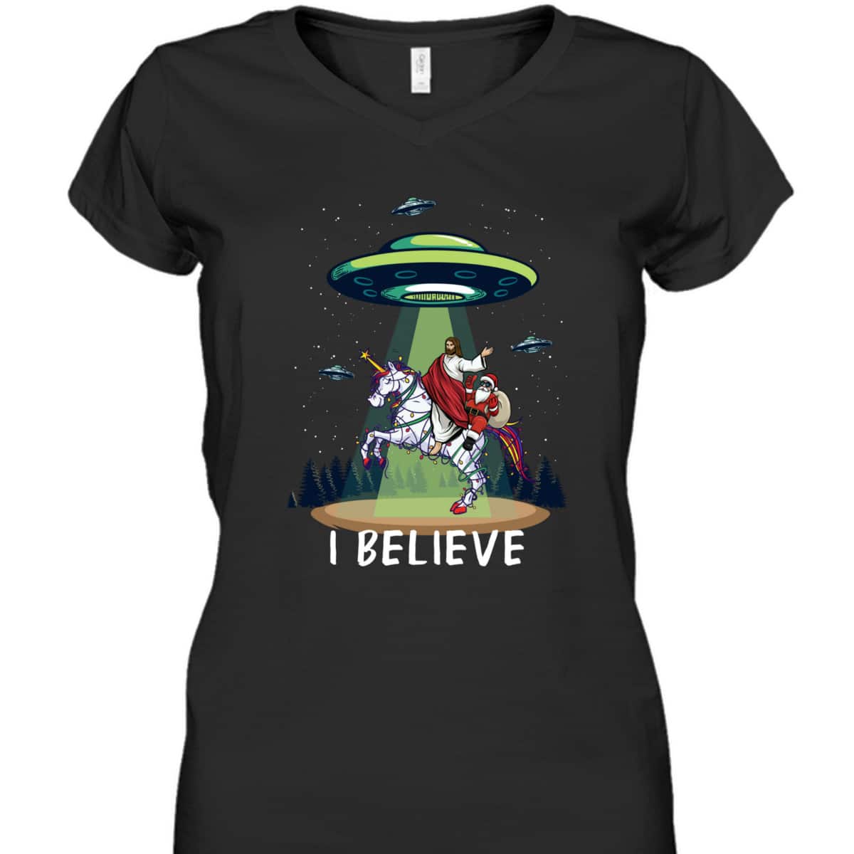 Funny Jesus And Santa Riding On Unicorn Christmas Alien UFO Believe T-Shirt Funny Jesus And Santa Riding On Unicorn Christmas Alien UFO Believe T-Shirt