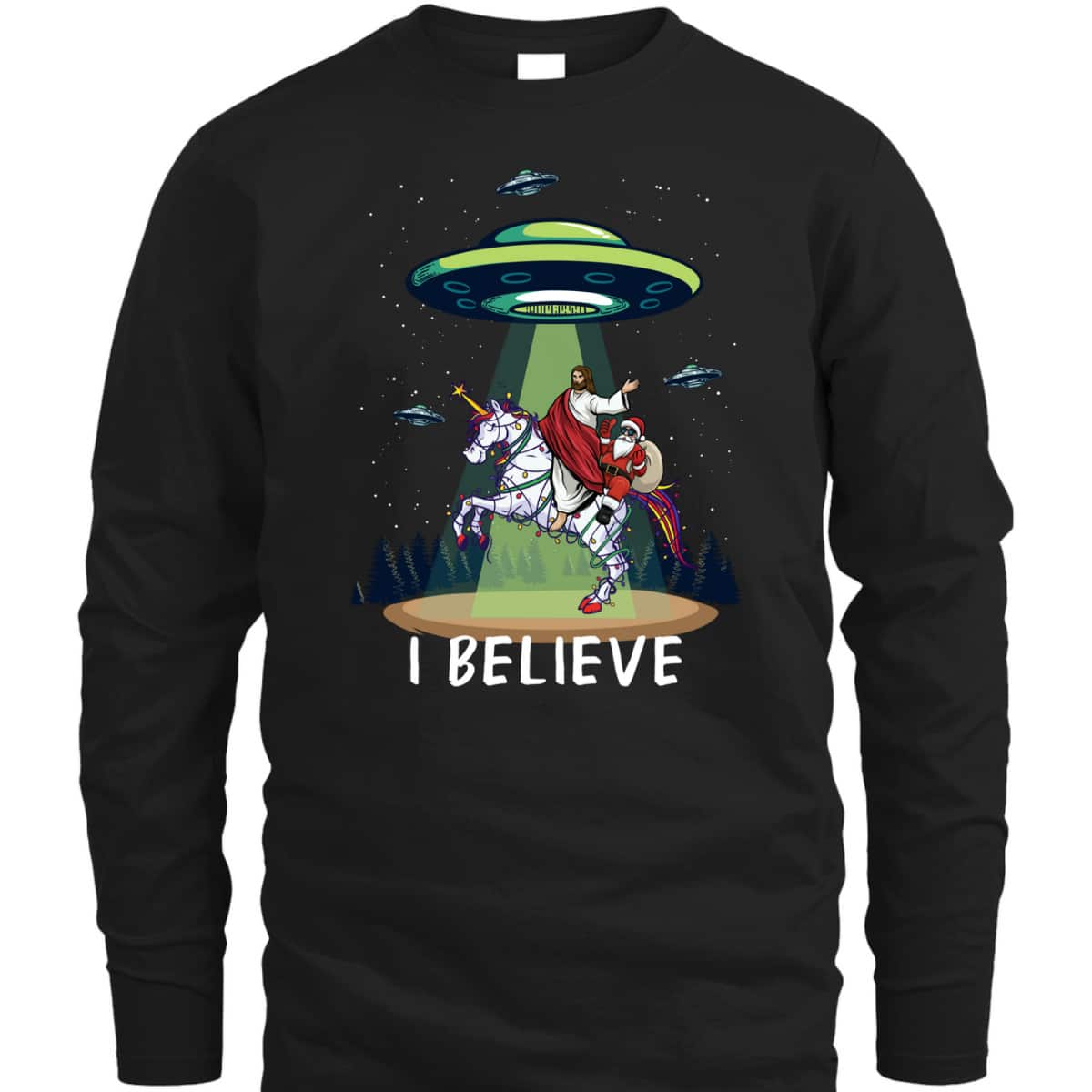 Funny Jesus And Santa Riding On Unicorn Christmas Alien UFO Believe T-Shirt