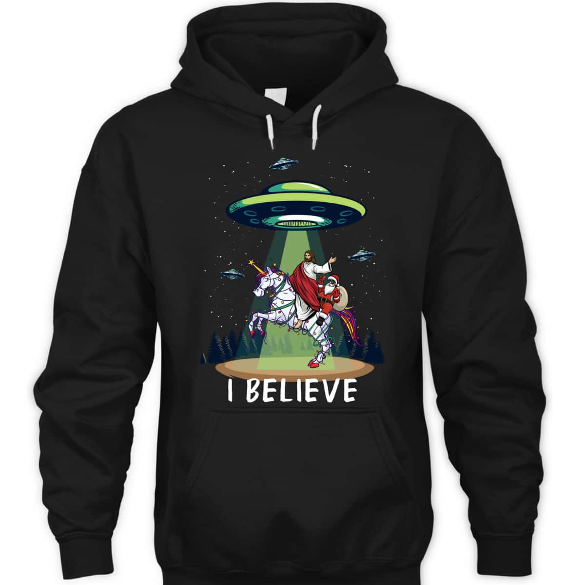 Funny Jesus And Santa Riding On Unicorn Christmas Alien UFO Believe T-Shirt