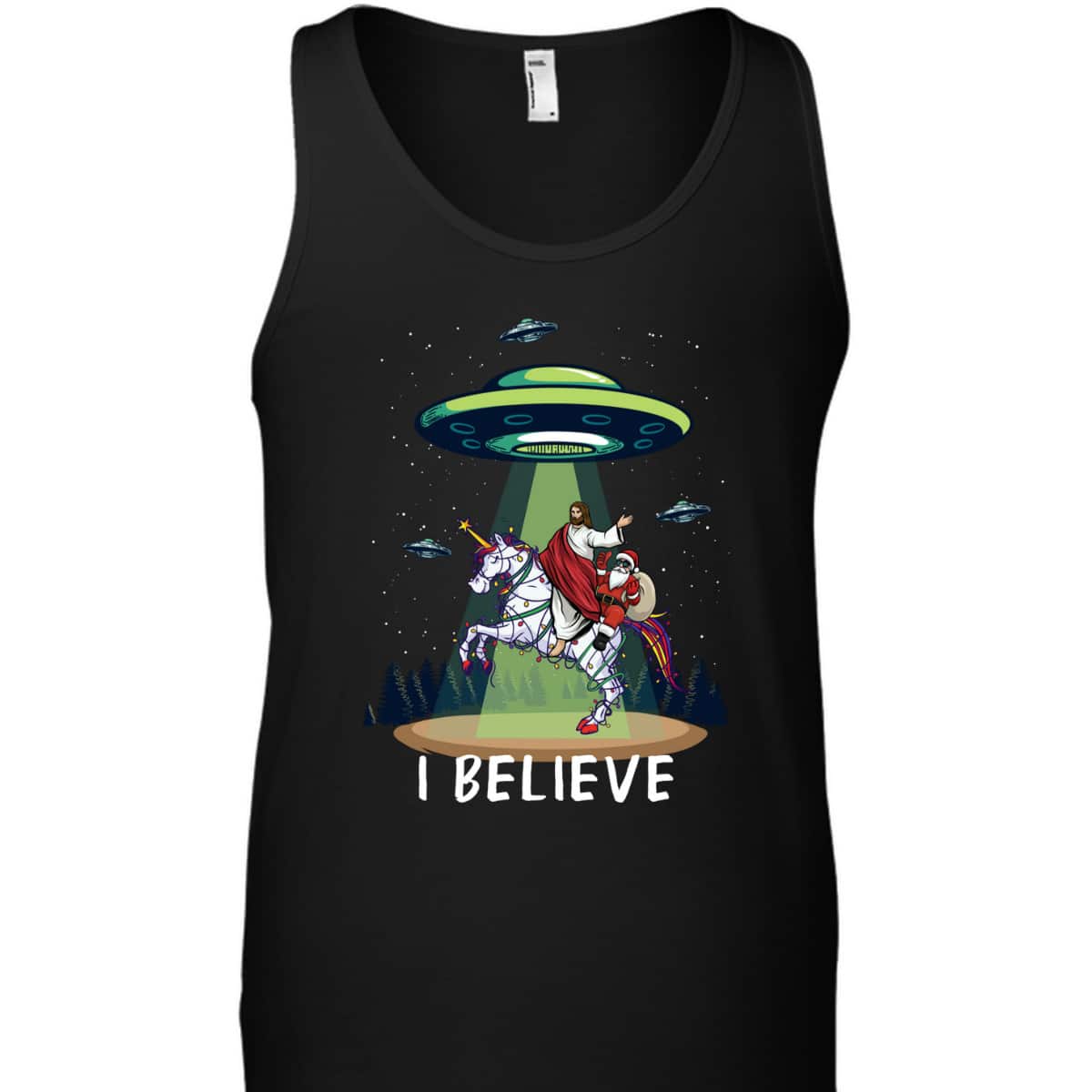 Funny Jesus And Santa Riding On Unicorn Christmas Alien UFO Believe T-Shirt