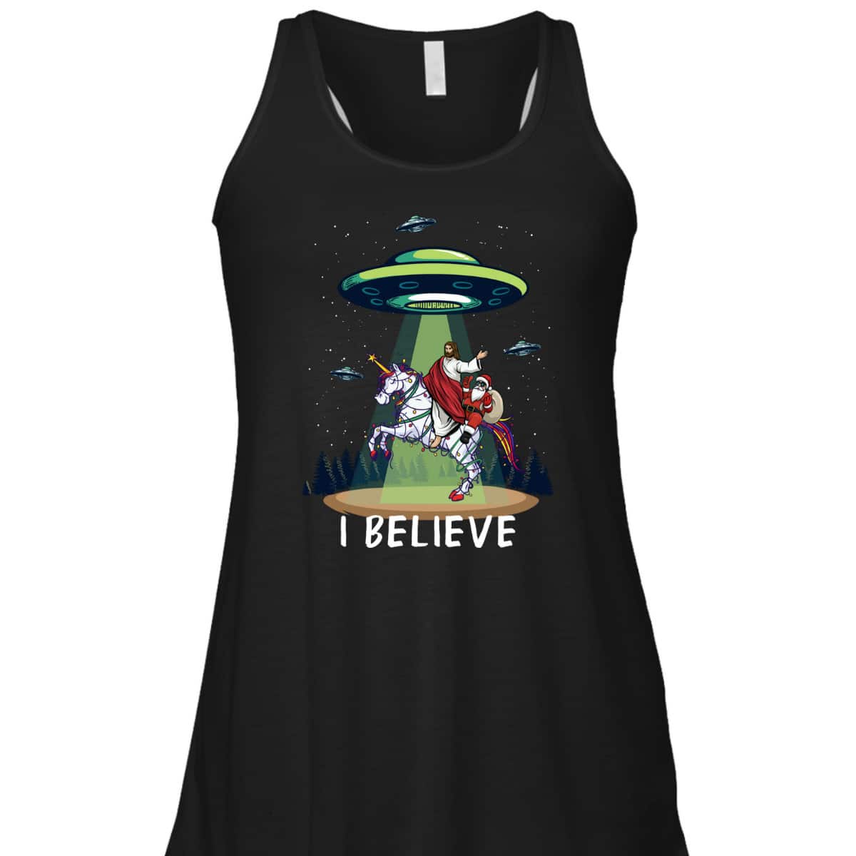 Funny Jesus And Santa Riding On Unicorn Christmas Alien UFO Believe T-Shirt