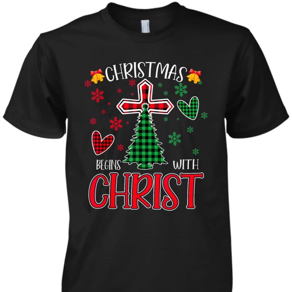 Buffalo Plaid Christian Jesus Christmas Begins With Christ T-Shirt
