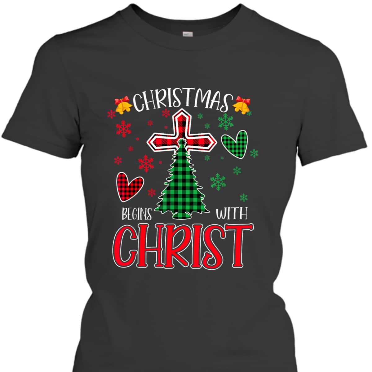 Buffalo Plaid Christian Jesus Christmas Begins With Christ T-Shirt