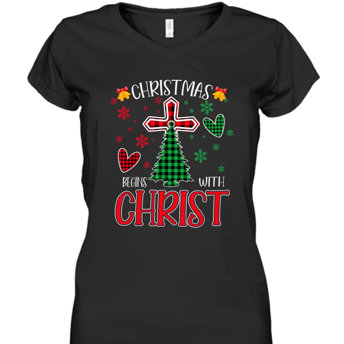 Buffalo Plaid Christian Jesus Christmas Begins With Christ T-Shirt