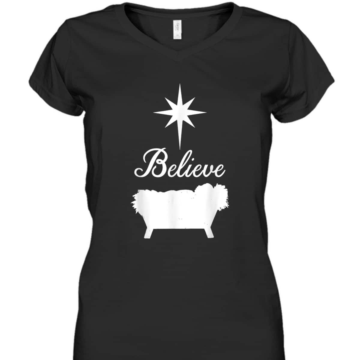 Believe Baby Jesus Born In The Manger Christmas T-Shirt