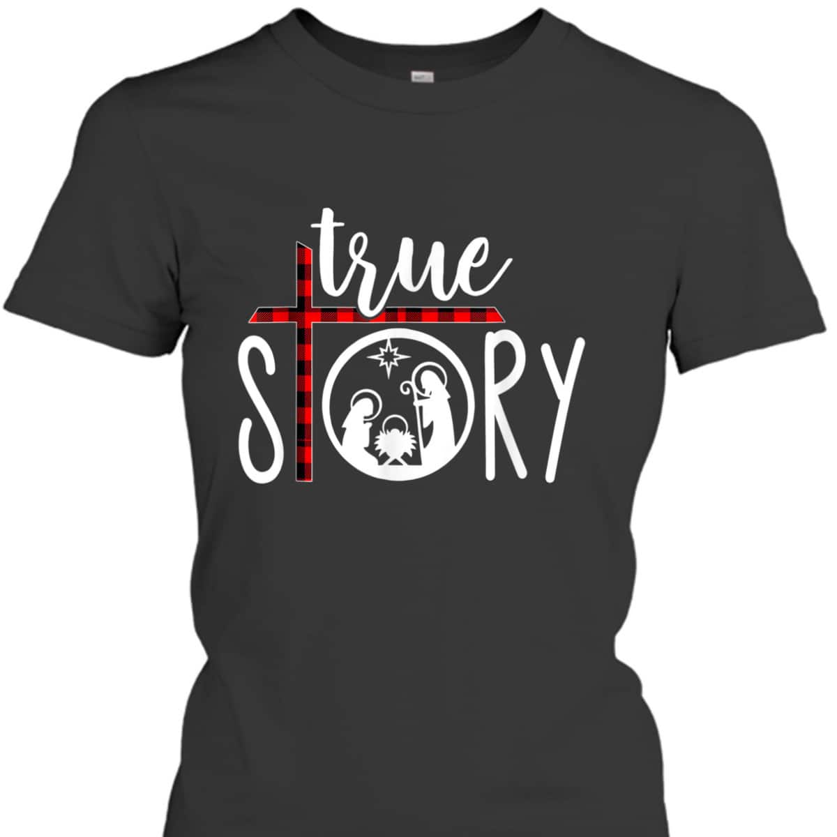 Christmas Nativity True Story Jesus Birth Red Plaid Scene T-Shirt