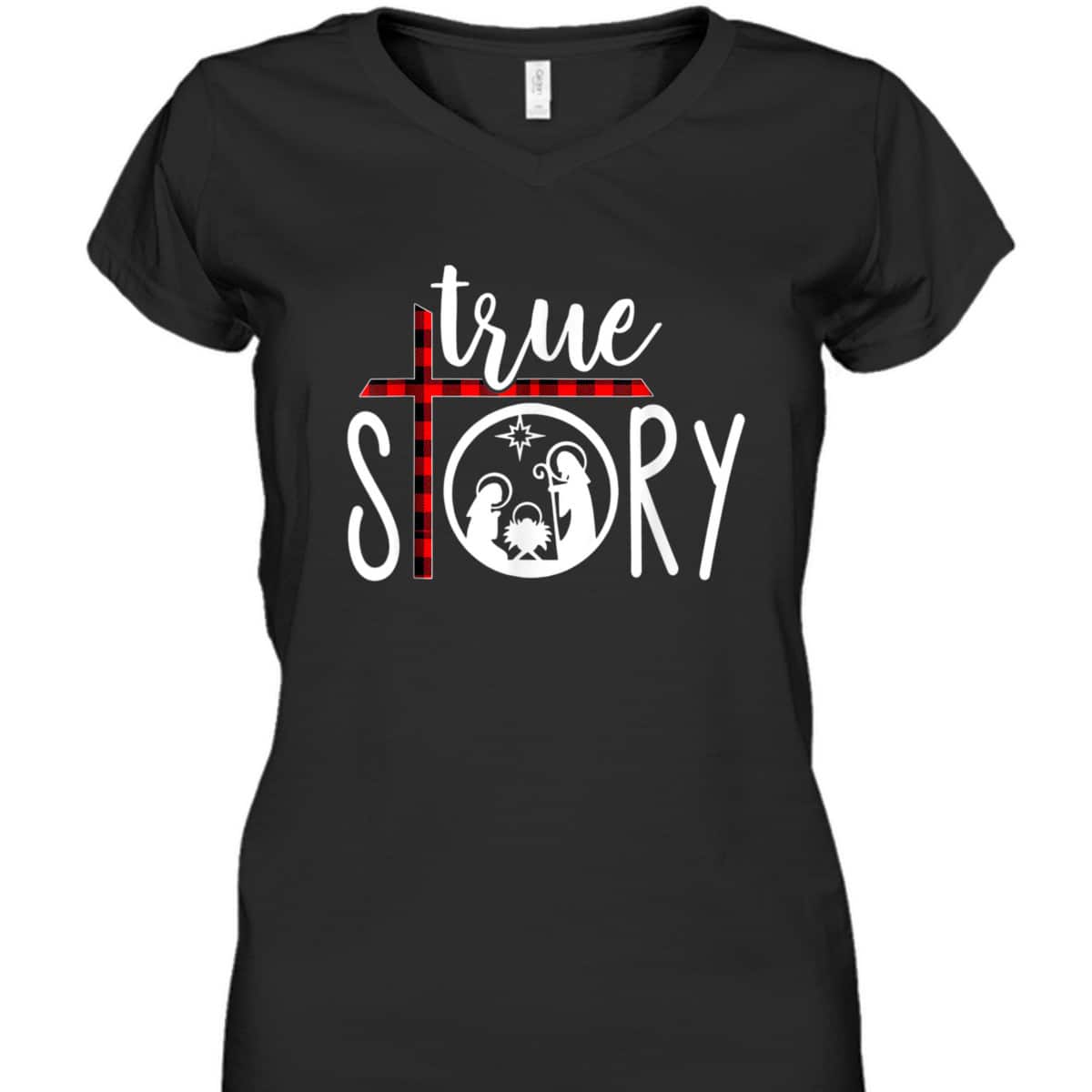 Christmas Nativity True Story Jesus Birth Red Plaid Scene T-Shirt