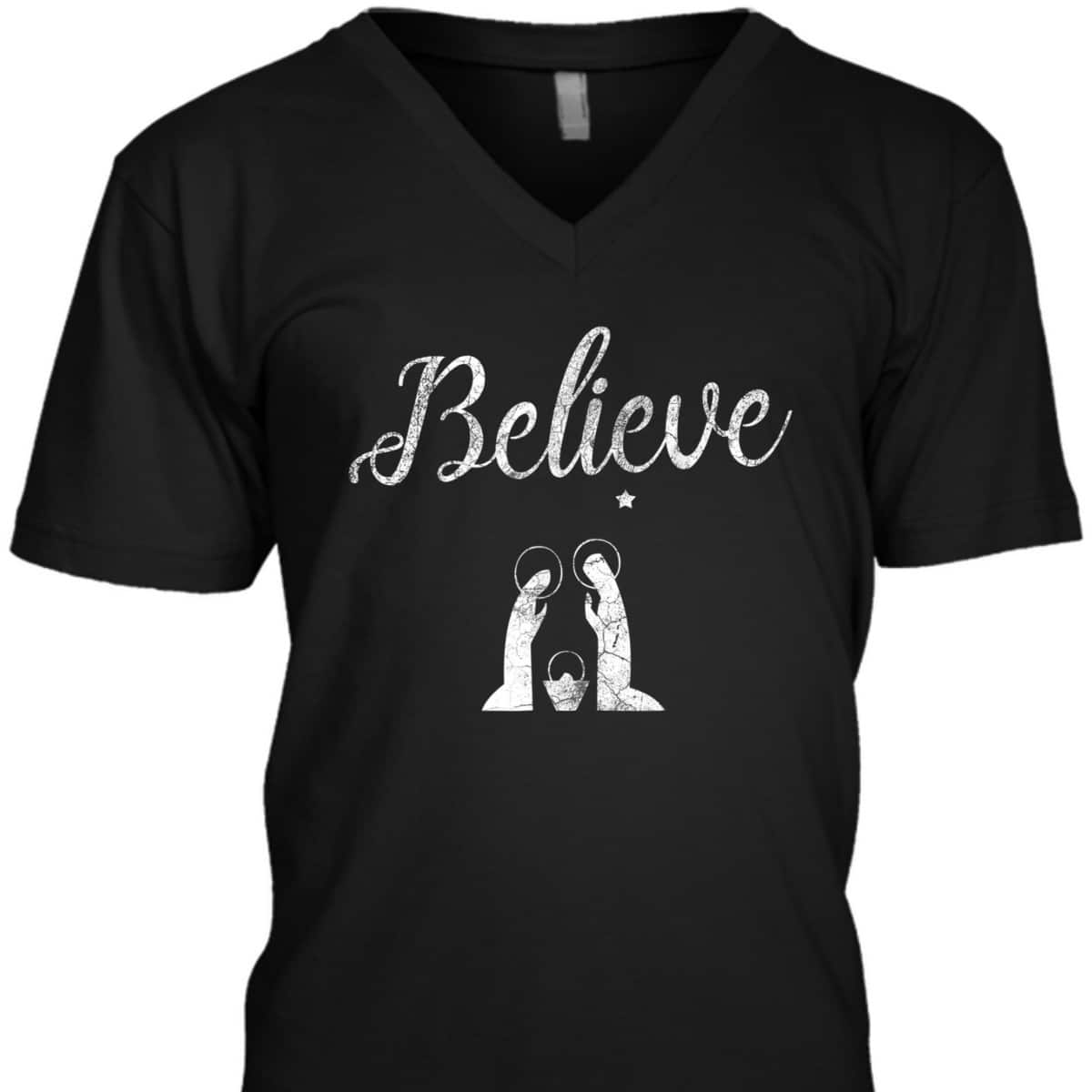 Distressed Believe Jesus Christ Christmas T-Shirt
