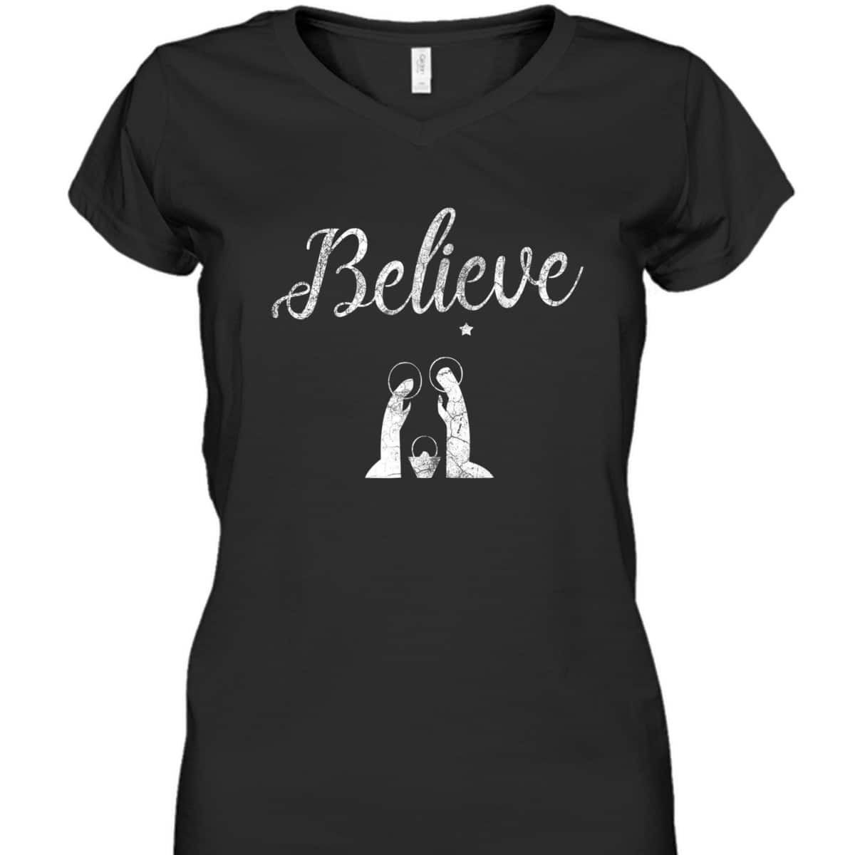 Distressed Believe Jesus Christ Christmas T-Shirt
