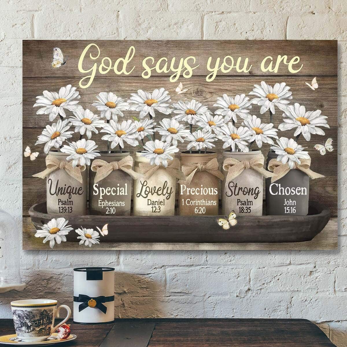 Daisy Jar God Says You Are Bible Verse Scripture Canvas Wall Art