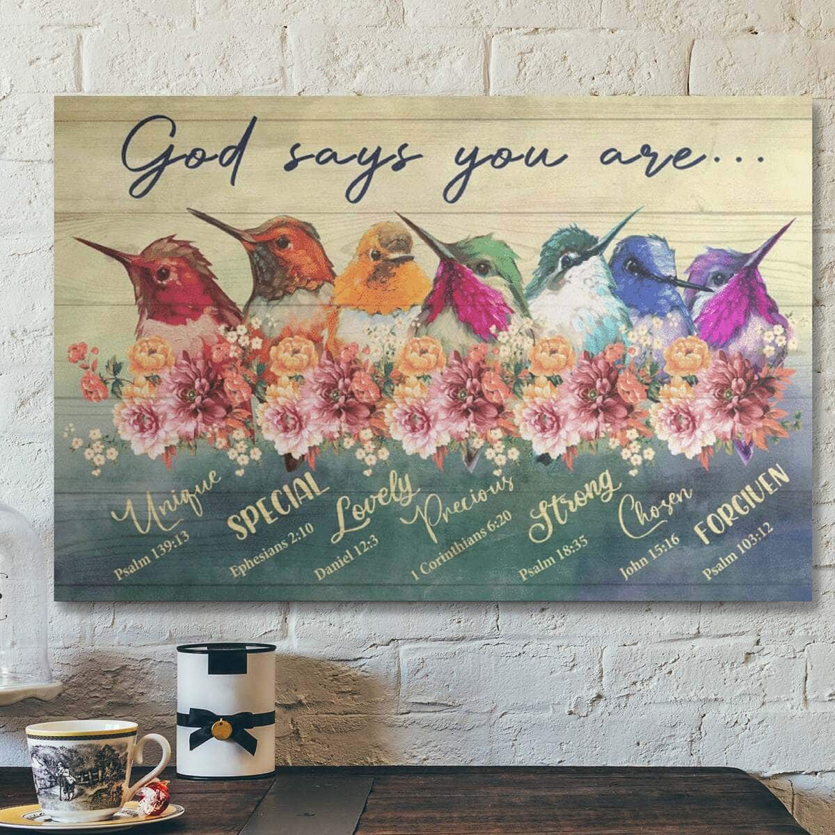 Bible Verse Colorful Hummingbird God Says You Are Canvas Wall Art