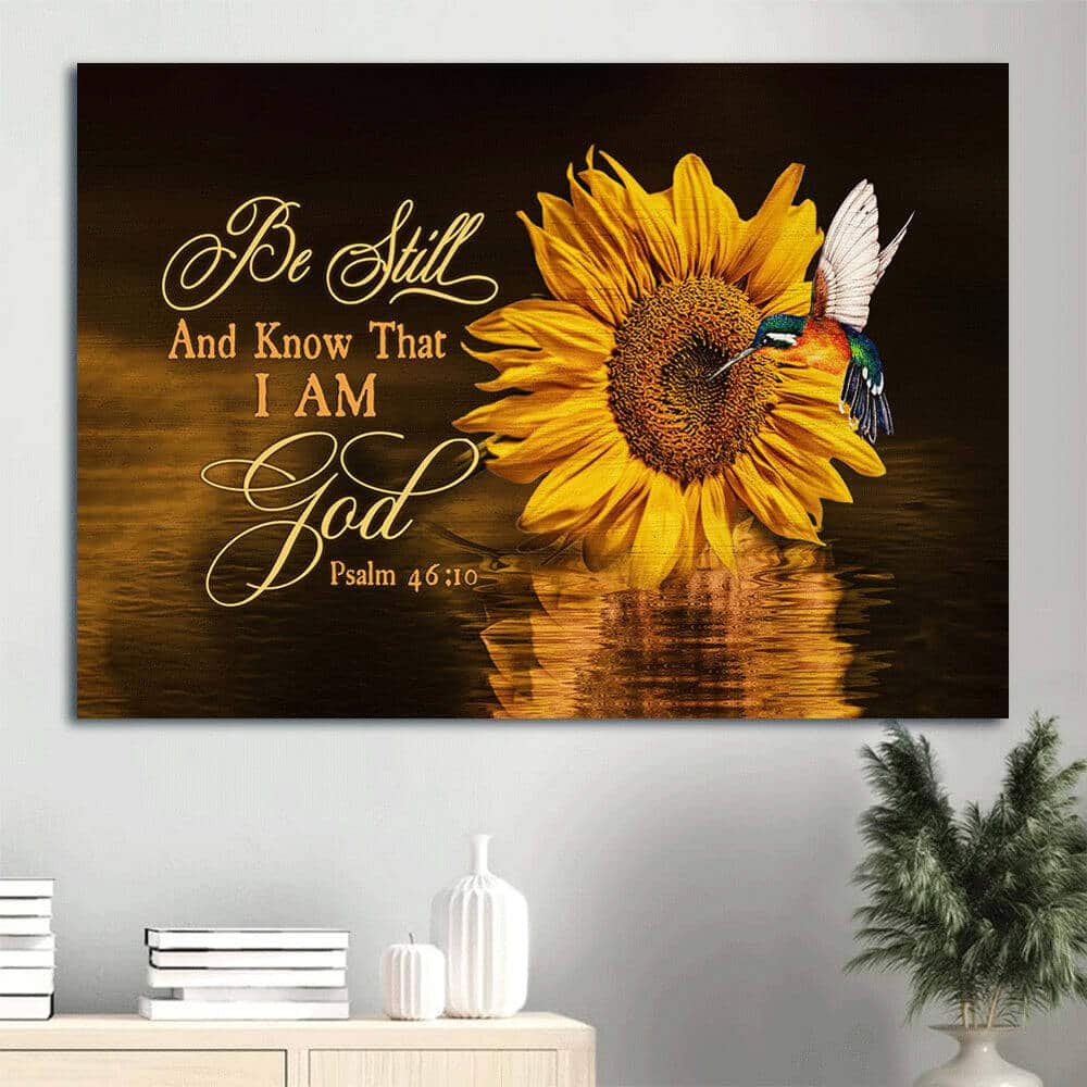 Brilliant Sunflower Big Hummingbird Be Still And Know That I Am God Christian Canvas Wall Art