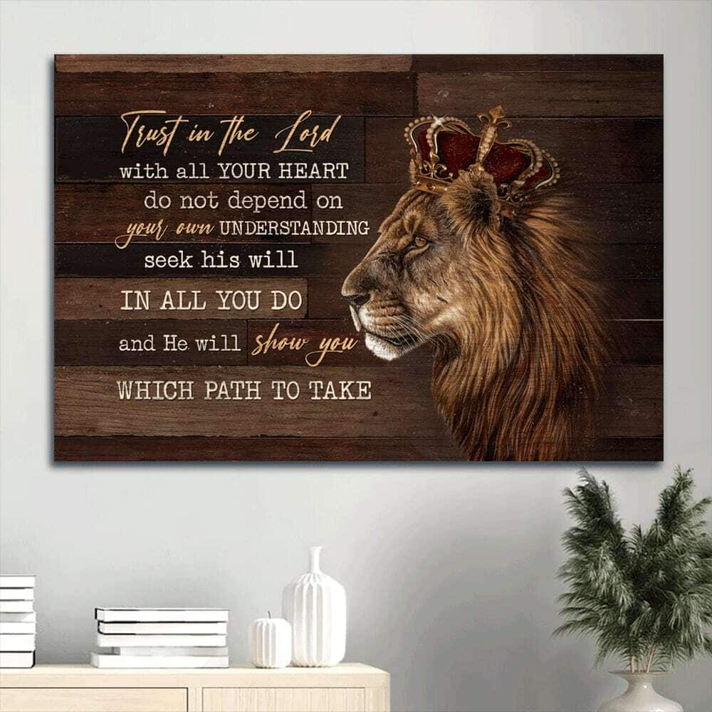 Amazing Lion Luxury Crown Trust In The Lord With All Your Heart Christian Canvas Wall Art