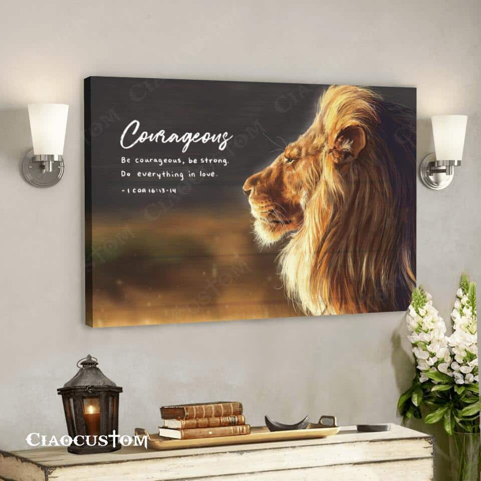 Lion Courageous Bible Verse Christian Religious Canvas Wall Art