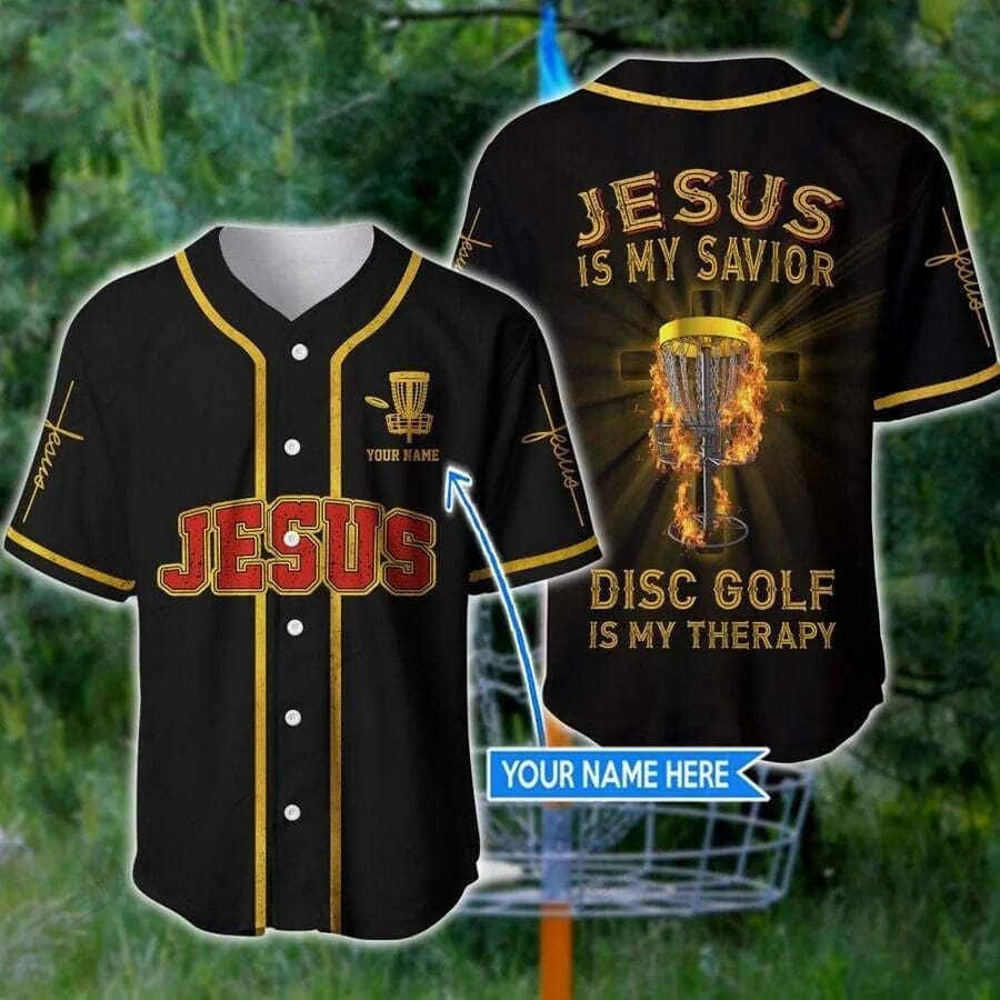 Customize Personalized Cross Flame Jesus Disc Golf Is My Therapy Baseball Jersey Customize Personalized Cross Flame Jesus Disc Golf Is My Therapy Baseball Jersey