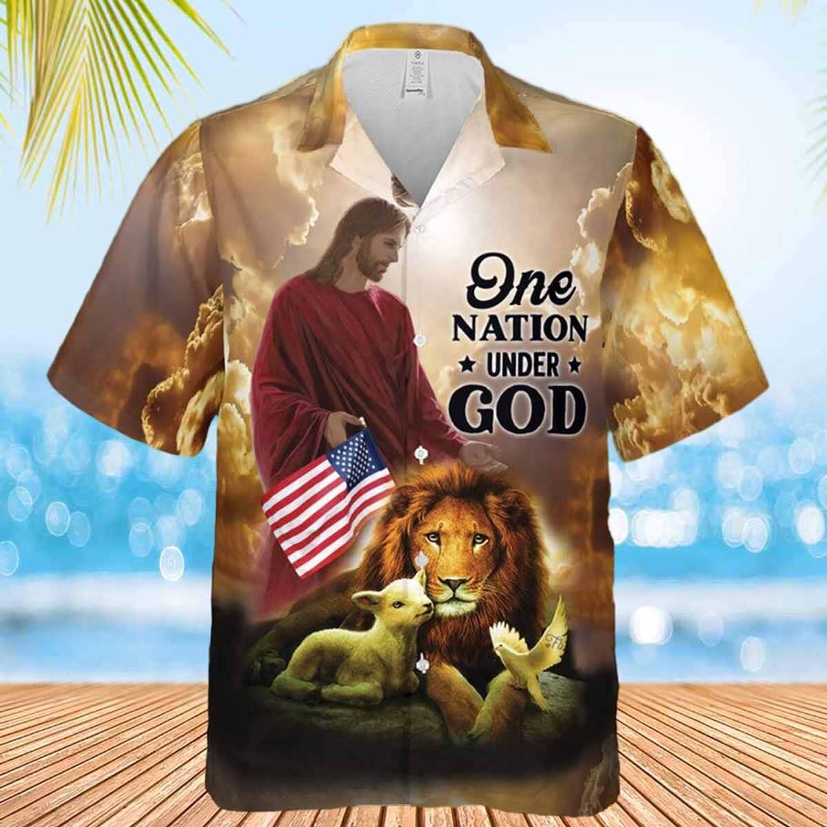 One Nation Under God Jesus Christian US Flag Lion Dove Hawaiian Shirt