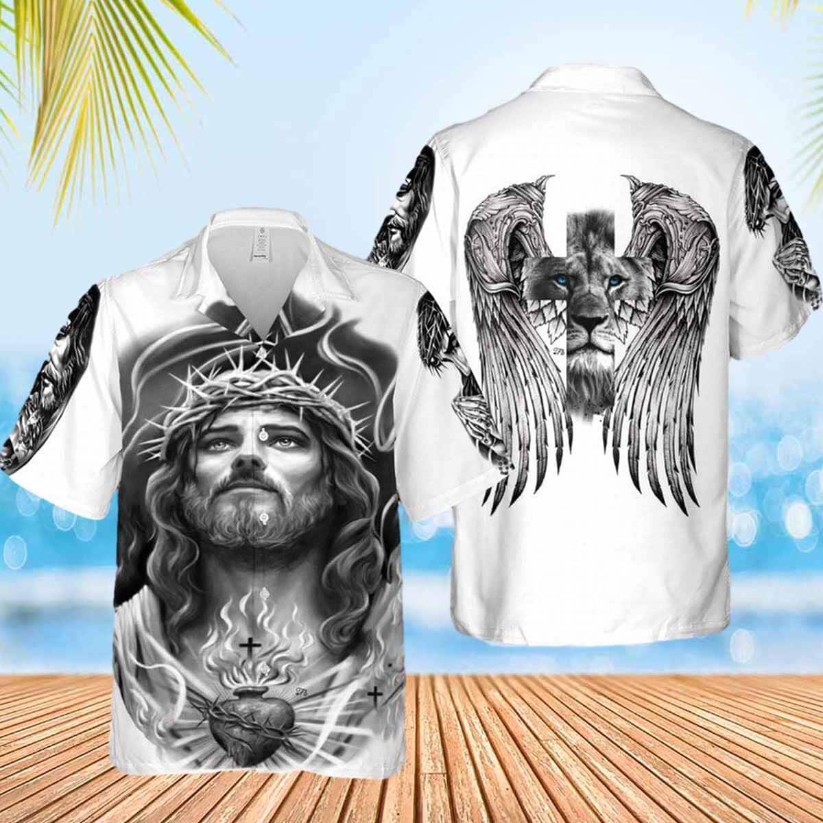 Jesus Lion Heart Wings Christian Lion Angle Wings Hawaiian Shirt Jesus Lion Heart Wings Christian Lion Angle Wings Hawaiian Shirt
