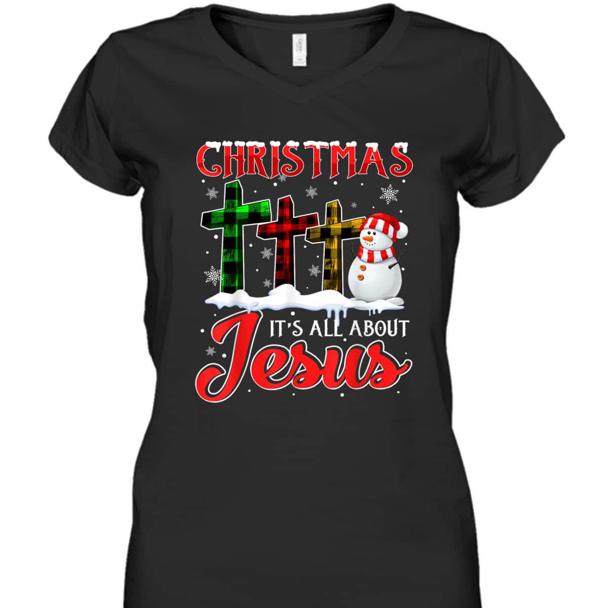 Christmas It's All About Jesus Xmas Snowman Cross Christian T-Shirt