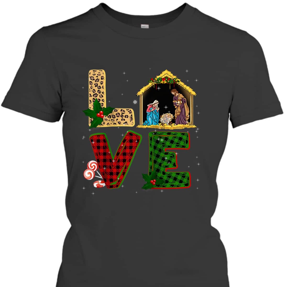 Leopard Plaid Christmas Nativity Christian Love T-Shirt