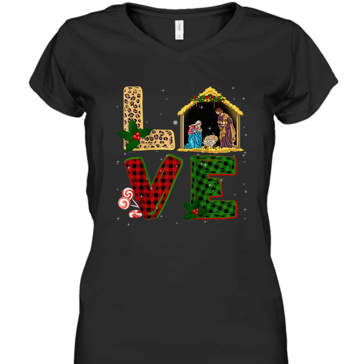 Leopard Plaid Christmas Nativity Christian Love T-Shirt