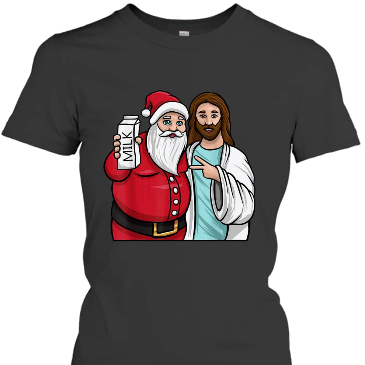 Christmas Santa And Jesus Jingle Bros Milk Lover Funny Christian T-Shirt
