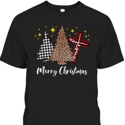 Plaid Xmas Tree Christian Cross Jesus Merry Christmas T-Shirt