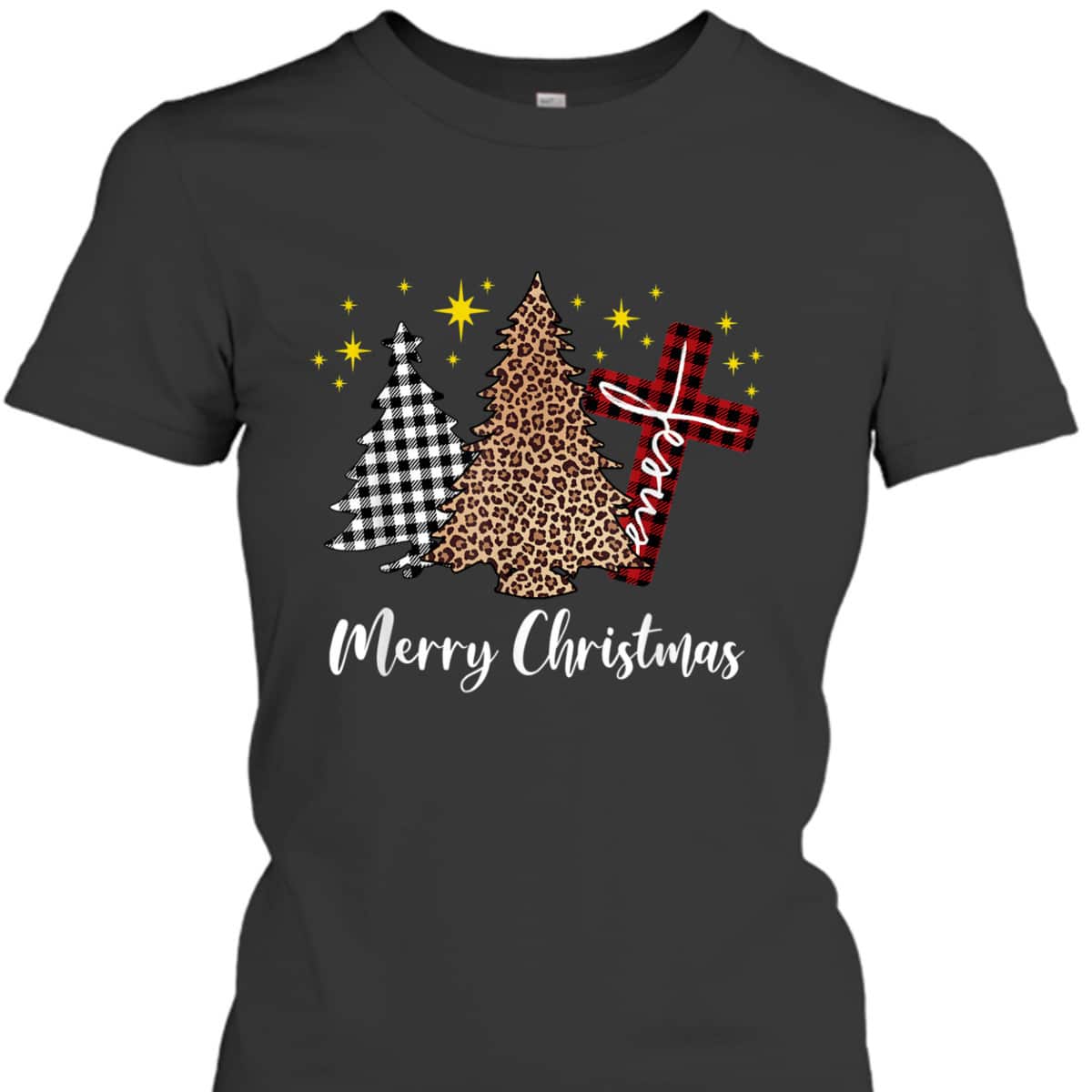 Plaid Xmas Tree Christian Cross Jesus Merry Christmas T-Shirt