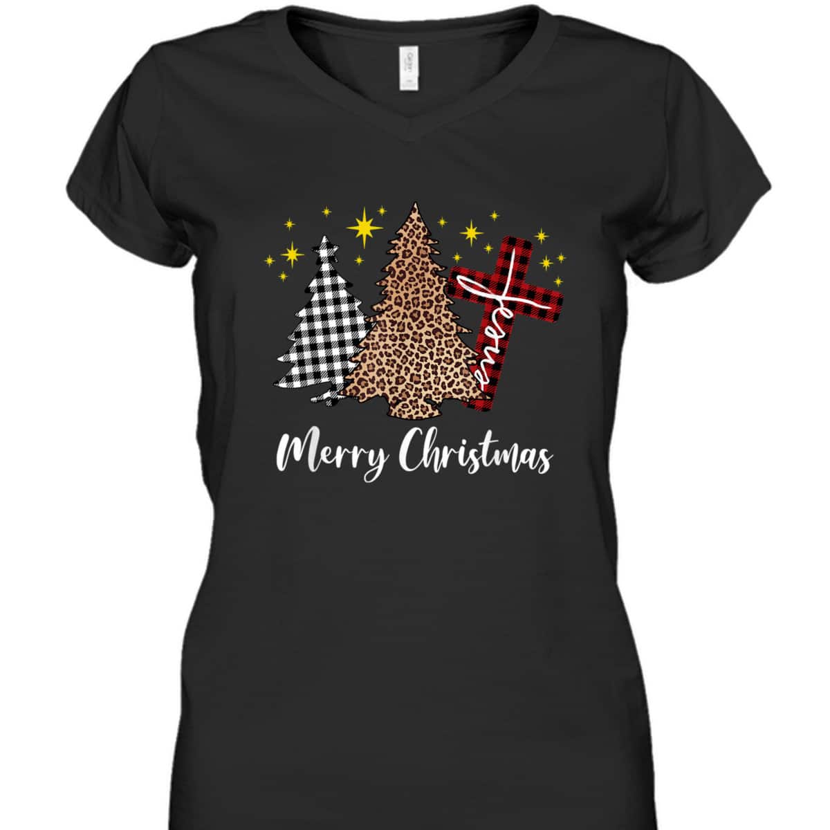 Plaid Xmas Tree Christian Cross Jesus Merry Christmas T-Shirt