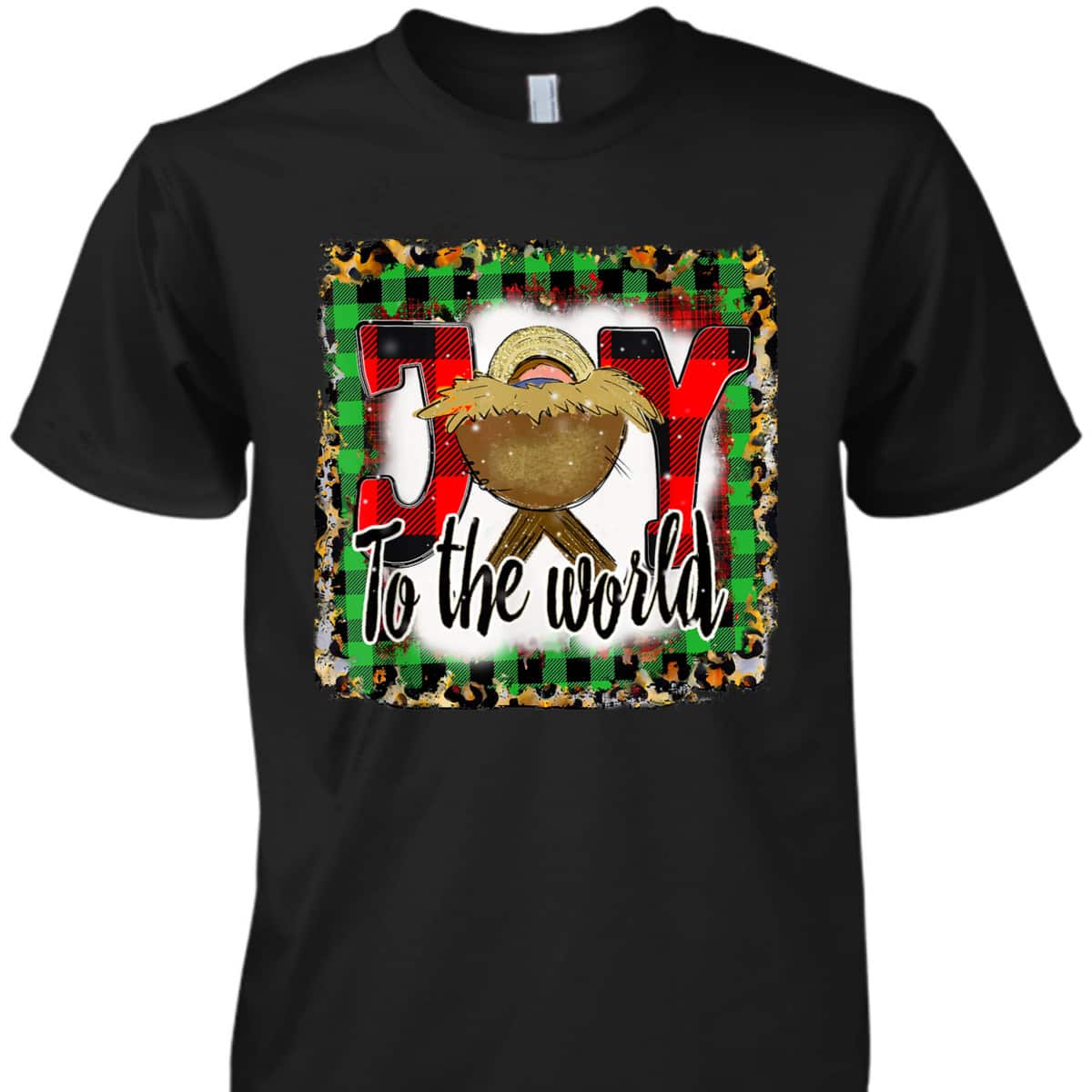 Joy To The World Baby Jesus Buffalo Plaid Leopard Christmas T-Shirt