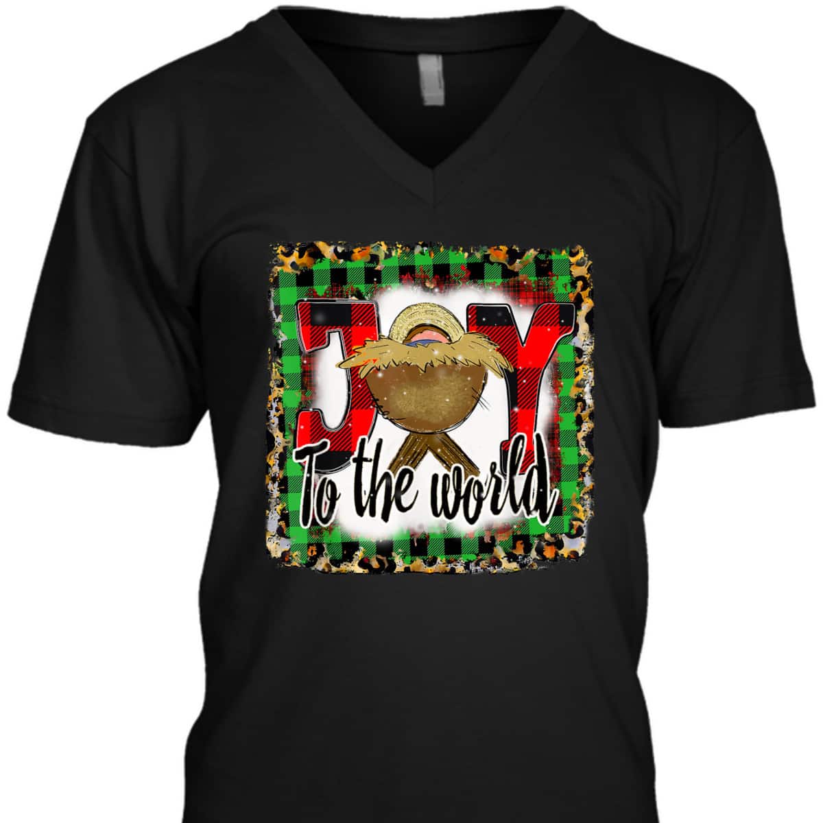 Joy To The World Baby Jesus Buffalo Plaid Leopard Christmas T-Shirt
