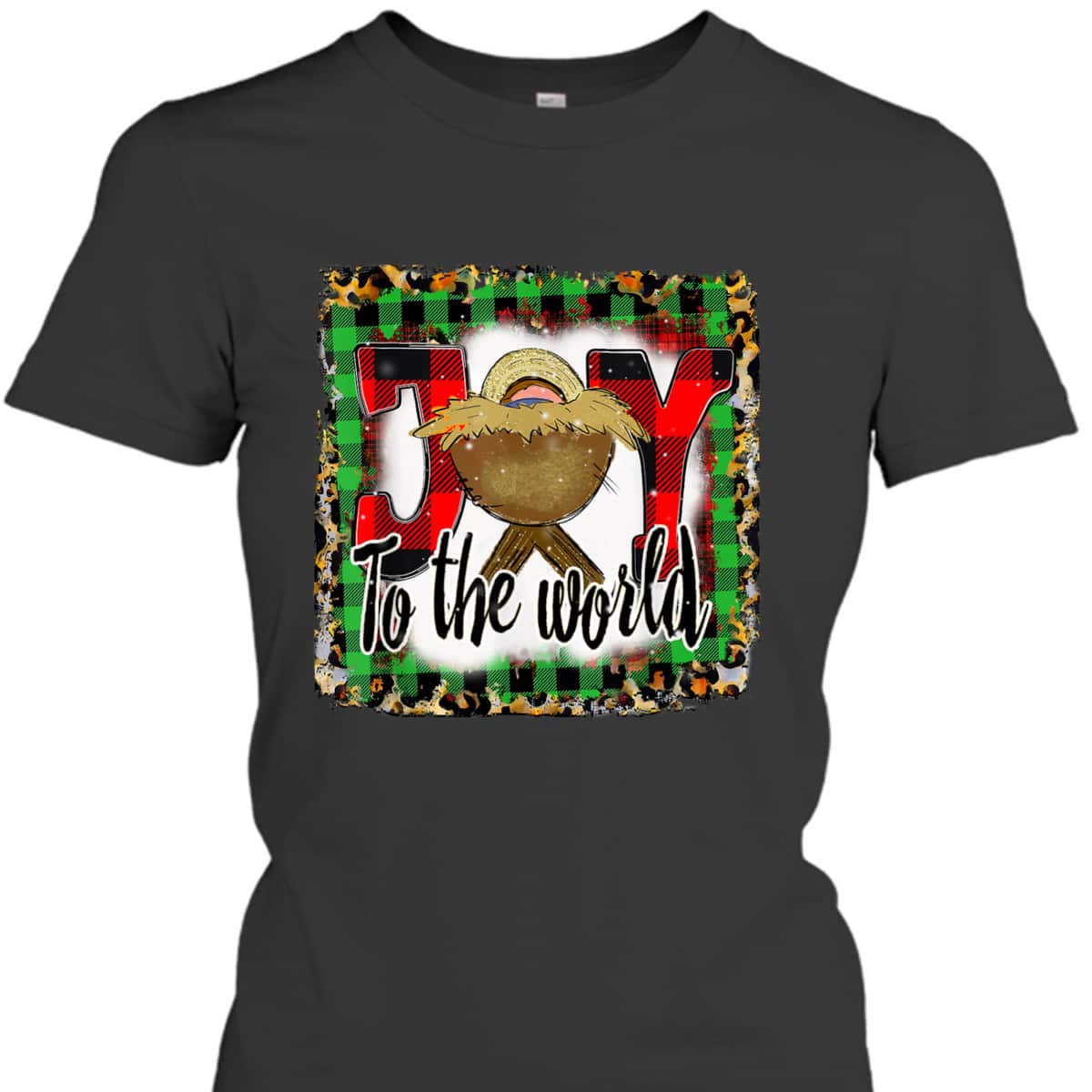 Joy To The World Baby Jesus Buffalo Plaid Leopard Christmas T-Shirt Joy To The World Baby Jesus Buffalo Plaid Leopard Christmas T-Shirt