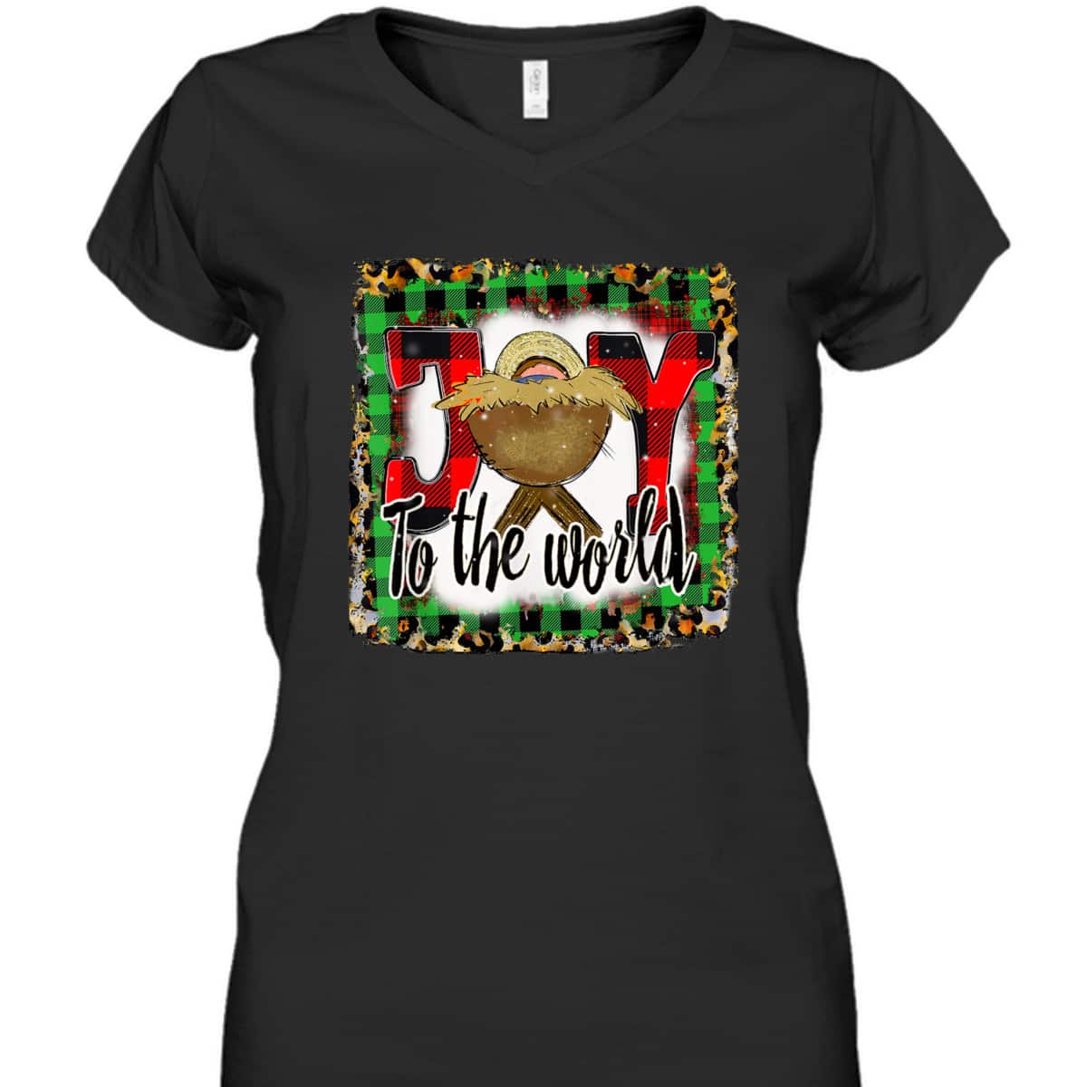 Joy To The World Baby Jesus Buffalo Plaid Leopard Christmas T-Shirt