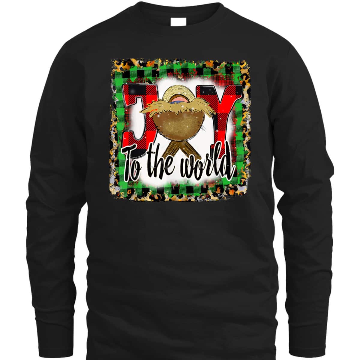 Joy To The World Baby Jesus Buffalo Plaid Leopard Christmas T-Shirt