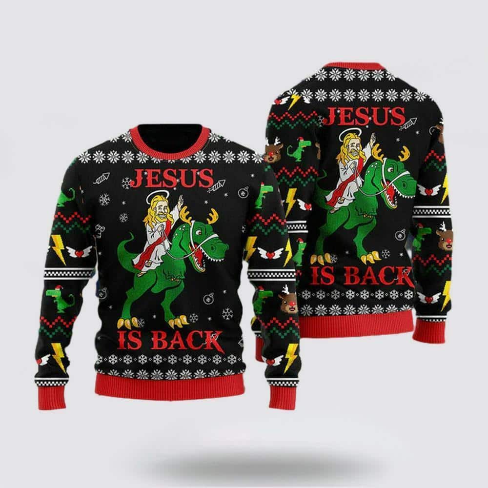 Christian Jesus Ride Dinosaur Is Back Ugly Christmas Ugly Christmas Sweater Christian Jesus Ride Dinosaur Is Back Ugly Christmas Ugly Christmas Sweater