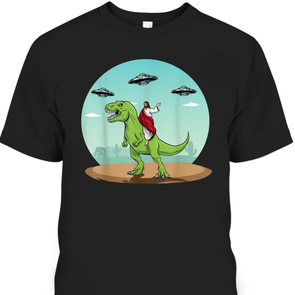 Jesus Riding A Dinosaur Funny Christian Bigfoot UFO Alien Abduction T-Shirt
