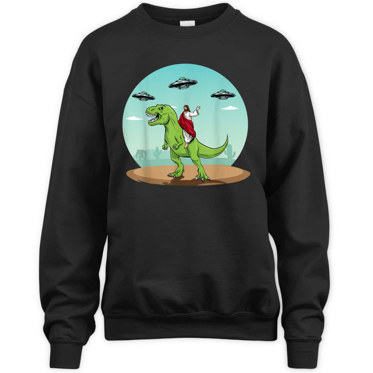 Jesus Riding A Dinosaur Funny Christian Bigfoot UFO Alien Abduction T-Shirt Jesus Riding A Dinosaur Funny Christian Bigfoot UFO Alien Abduction T-Shirt