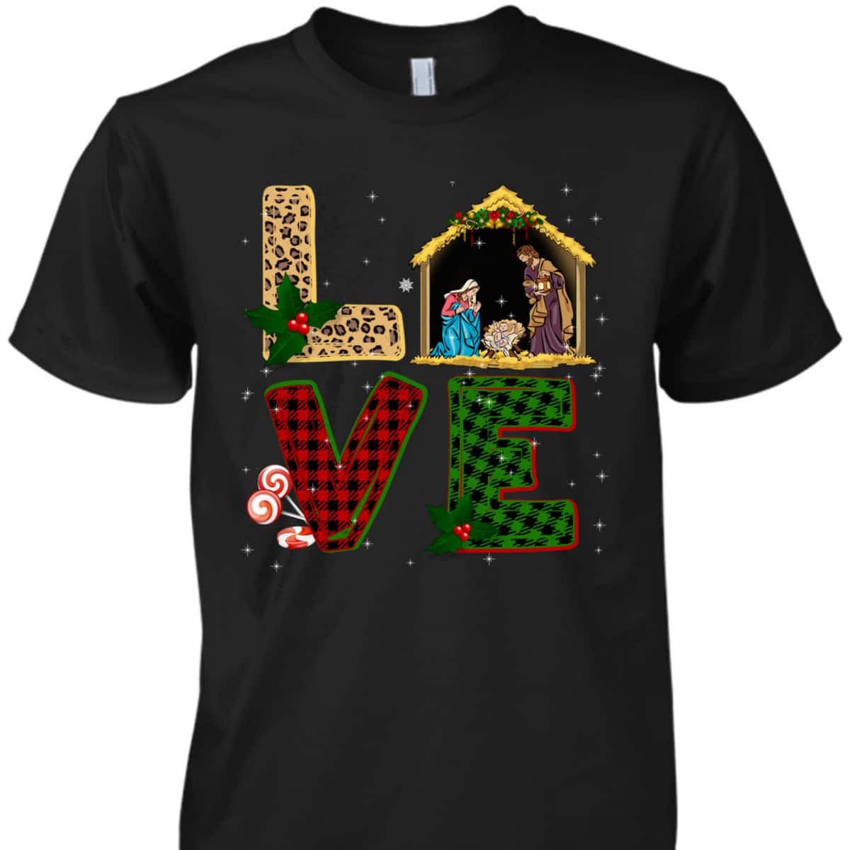 Love Leopard Plaid Christmas Nativity Christian T-Shirt Love Leopard Plaid Christmas Nativity Christian T-Shirt
