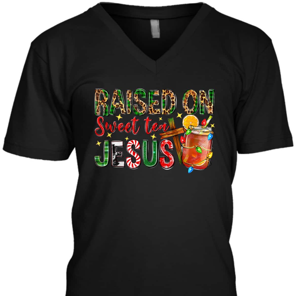 Raised On Sweet Tea Jesus Christian Xmas Lights Pajamas T-Shirt Raised On Sweet Tea Jesus Christian Xmas Lights Pajamas T-Shirt