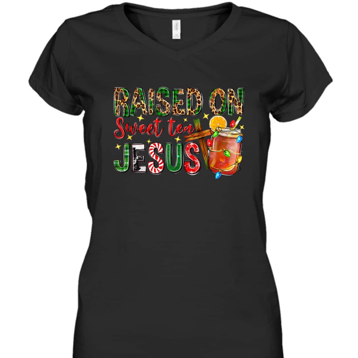 Raised On Sweet Tea Jesus Christian Xmas Lights Pajamas T-Shirt Raised On Sweet Tea Jesus Christian Xmas Lights Pajamas T-Shirt
