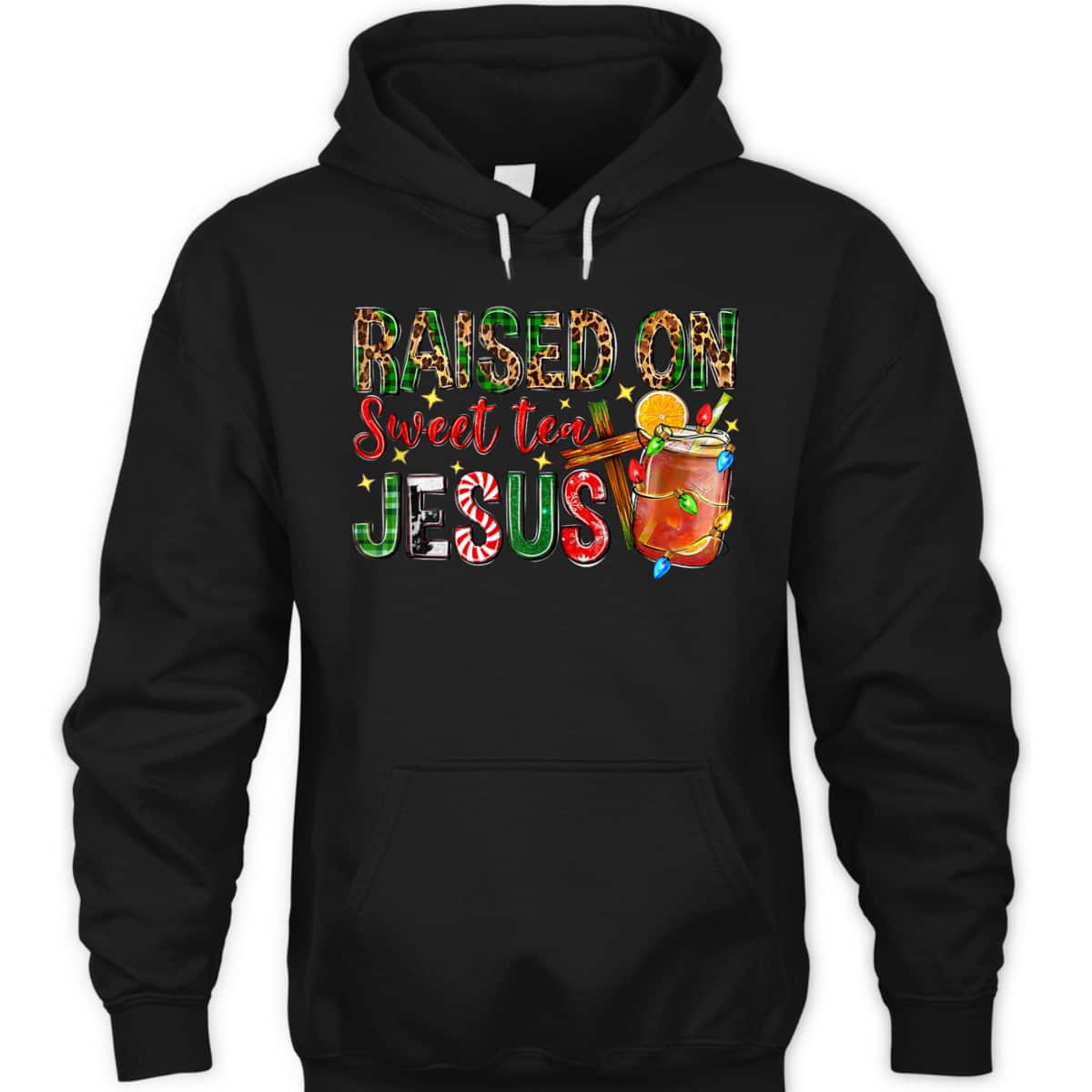 Raised On Sweet Tea Jesus Christian Xmas Lights Pajamas T-Shirt Raised On Sweet Tea Jesus Christian Xmas Lights Pajamas T-Shirt