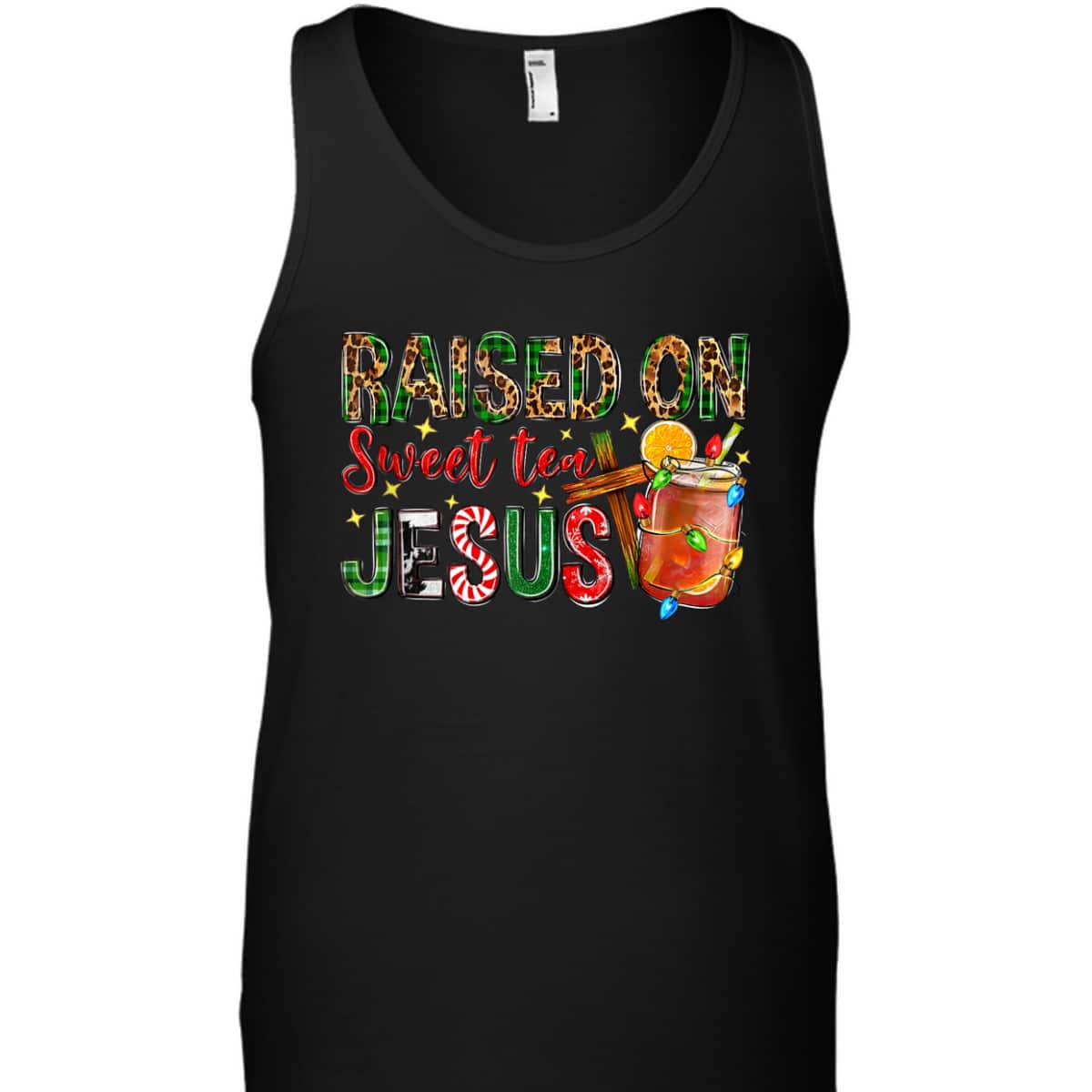Raised On Sweet Tea Jesus Christian Xmas Lights Pajamas T-Shirt Raised On Sweet Tea Jesus Christian Xmas Lights Pajamas T-Shirt