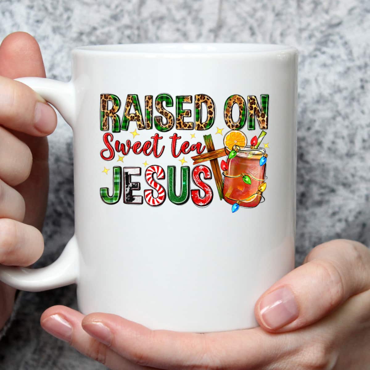 Raised On Sweet Tea Jesus Christian Xmas Lights Pajamas T-Shirt Raised On Sweet Tea Jesus Christian Xmas Lights Pajamas T-Shirt