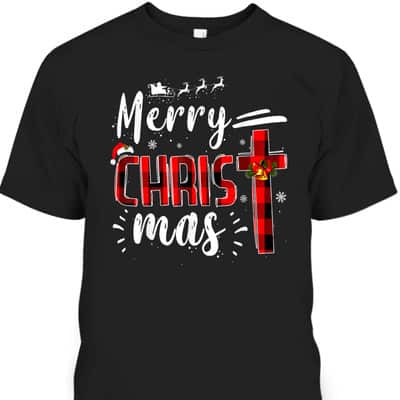 Merry Christmas Xmas Cross Red Plaid Christian Santa Claus T-Shirt