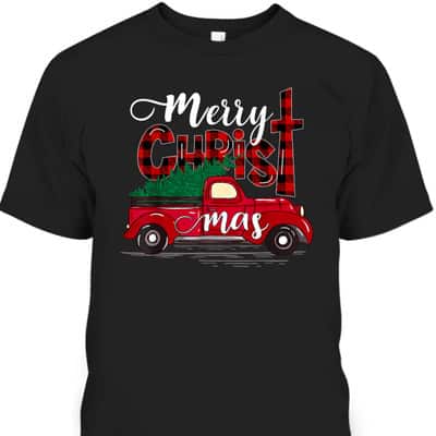 Merry Christmas Buffalo Plaid Red Truck Christian Cross Xmas T-Shirt
