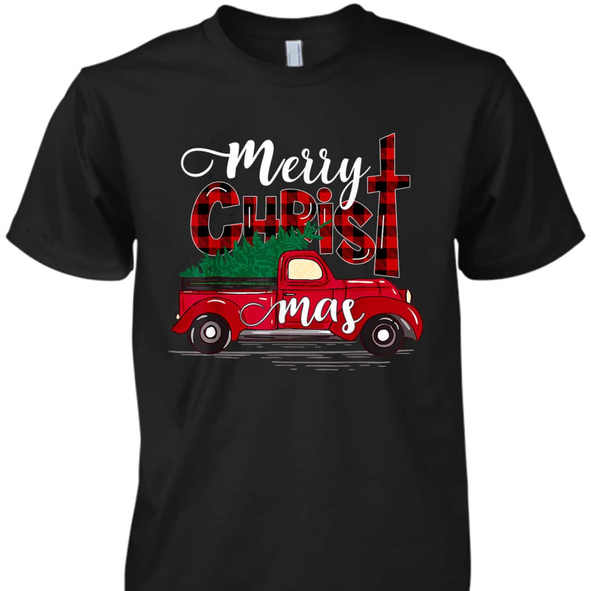 Merry Christmas Buffalo Plaid Red Truck Christian Cross Xmas T-Shirt Merry Christmas Buffalo Plaid Red Truck Christian Cross Xmas T-Shirt
