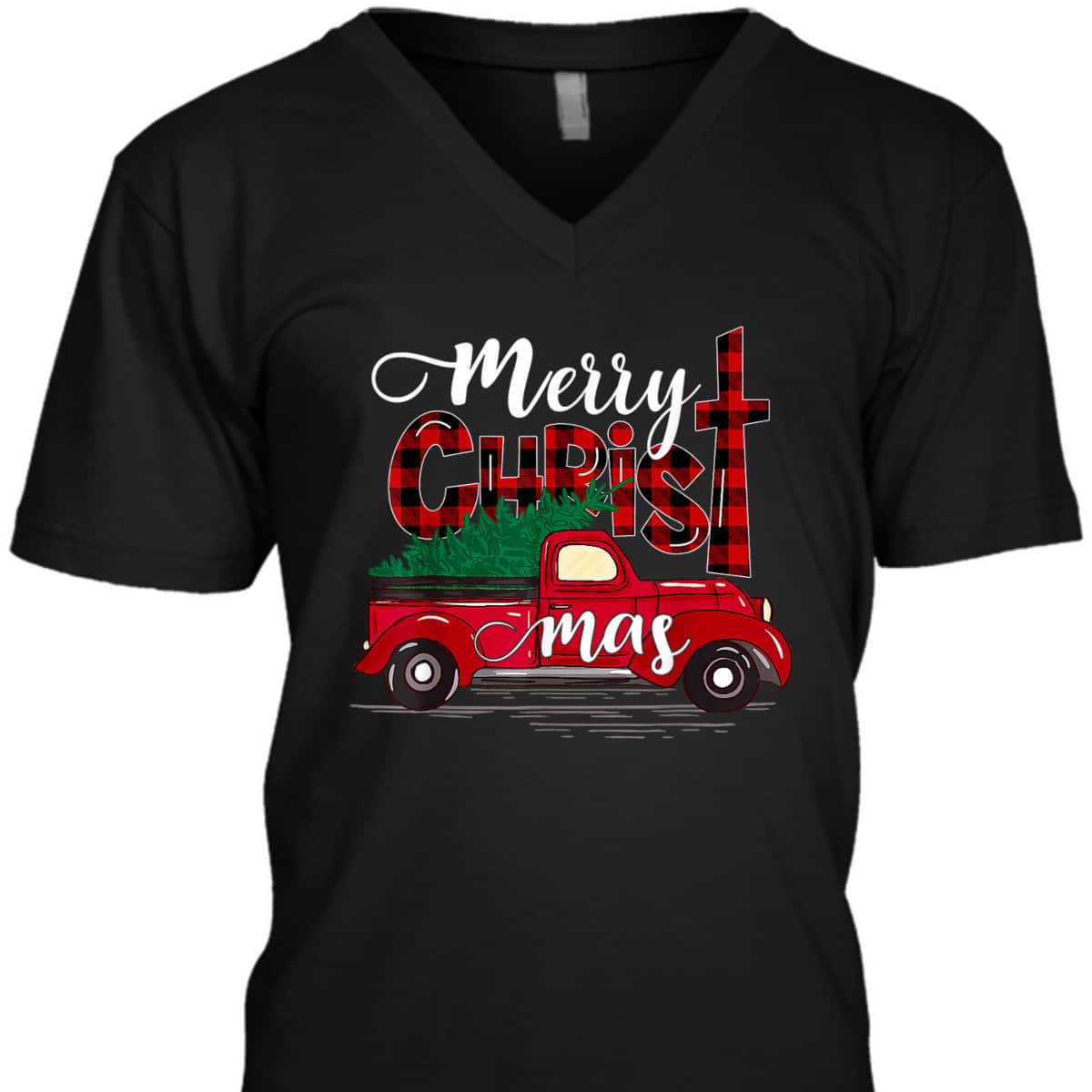 Merry Christmas Buffalo Plaid Red Truck Christian Cross Xmas T-Shirt Merry Christmas Buffalo Plaid Red Truck Christian Cross Xmas T-Shirt