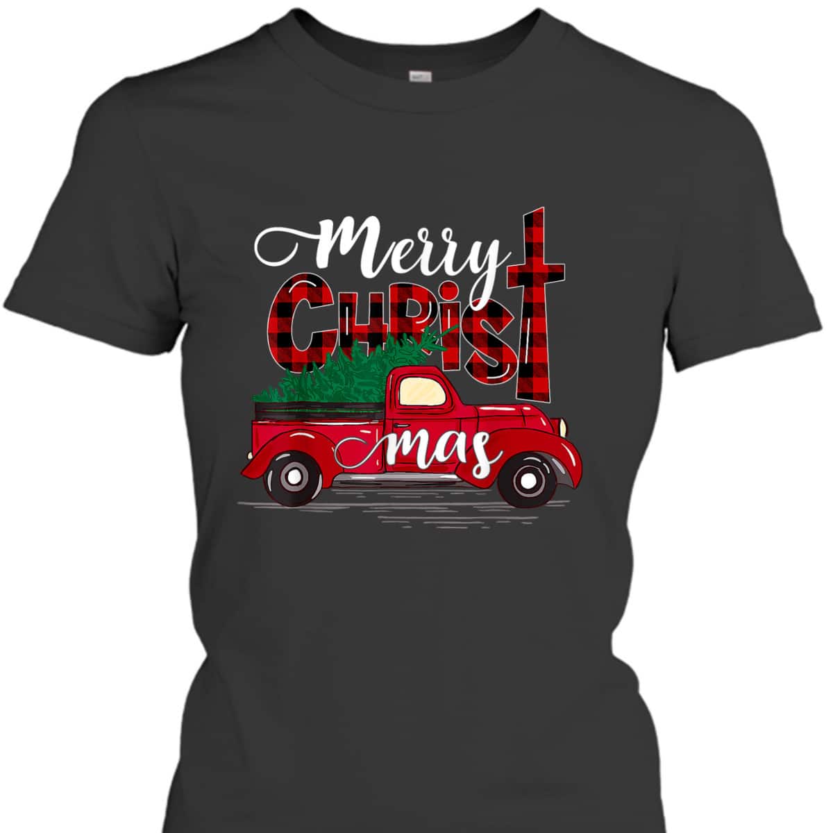 Merry Christmas Buffalo Plaid Red Truck Christian Cross Xmas T-Shirt Merry Christmas Buffalo Plaid Red Truck Christian Cross Xmas T-Shirt