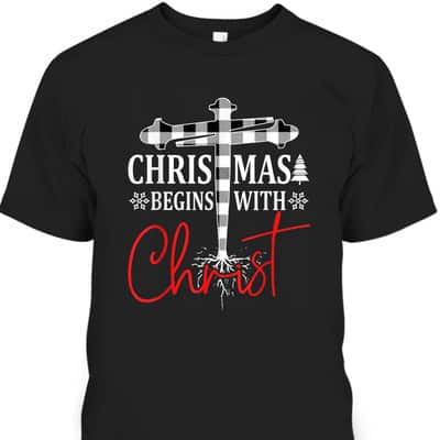 Christmas Begins With Christ Plaid White Tree Xmas Christian T-Shirt